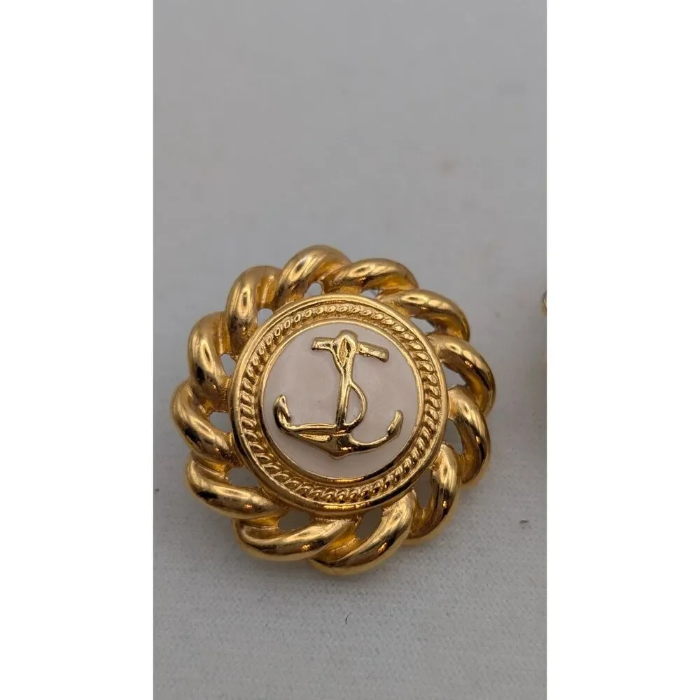 Vintage Gold Tone Anchor Earrings Cream Enamel Nautical Coastal Preppy 1.25in